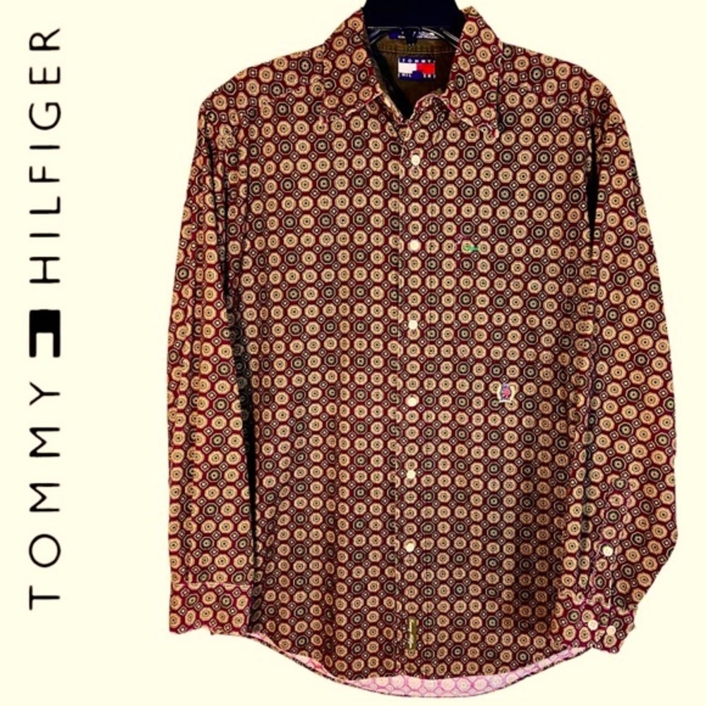 TOMMY HILFIGER Vintage Burgundy, Gold & Green Long Sleeve Corduroy Shirt Small
